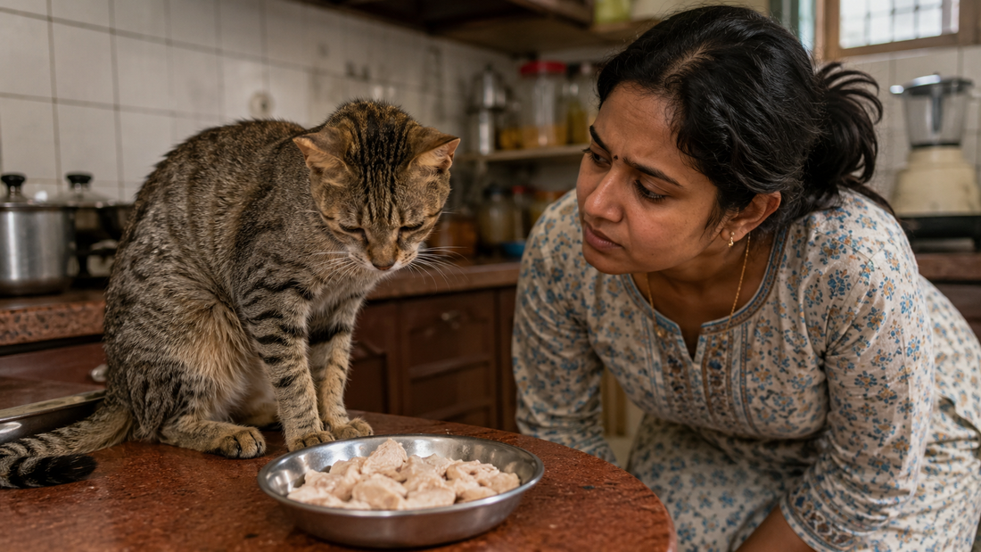 Indian cat parent looking at her cat next to a bowl of boiled chicken — illustrating why all-meat diets are nutritionally incomplete for cats.