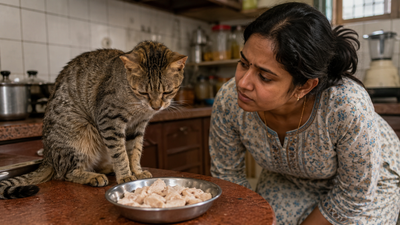Indian cat parent looking at her cat next to a bowl of boiled chicken — illustrating why all-meat diets are nutritionally incomplete for cats.