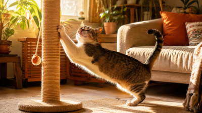  Indian cat stretching on a sisal scratching post in a sunlit apartment living room 