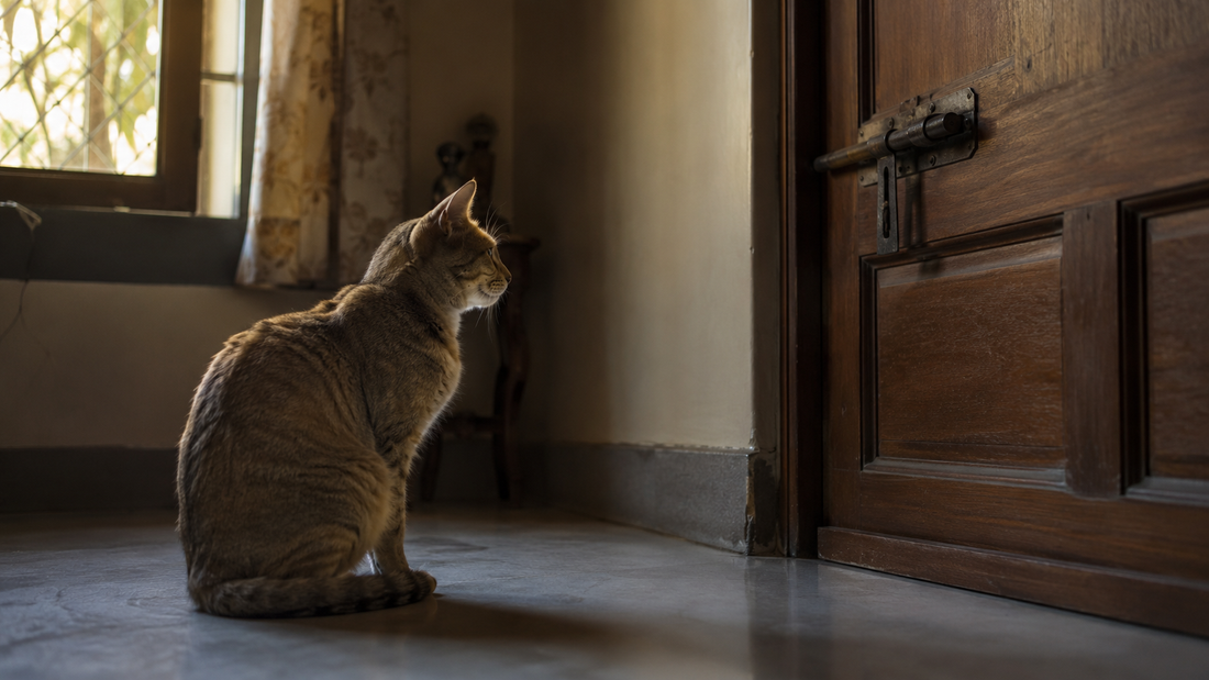 Indian domestic cat sitting anxiously near the front door, showing signs of separation anxiety