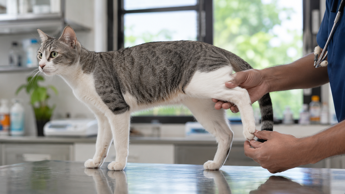 Indian domestic shorthair cat mid-stride showing a hind-leg limp from patellar luxation, veterinary clinic setting