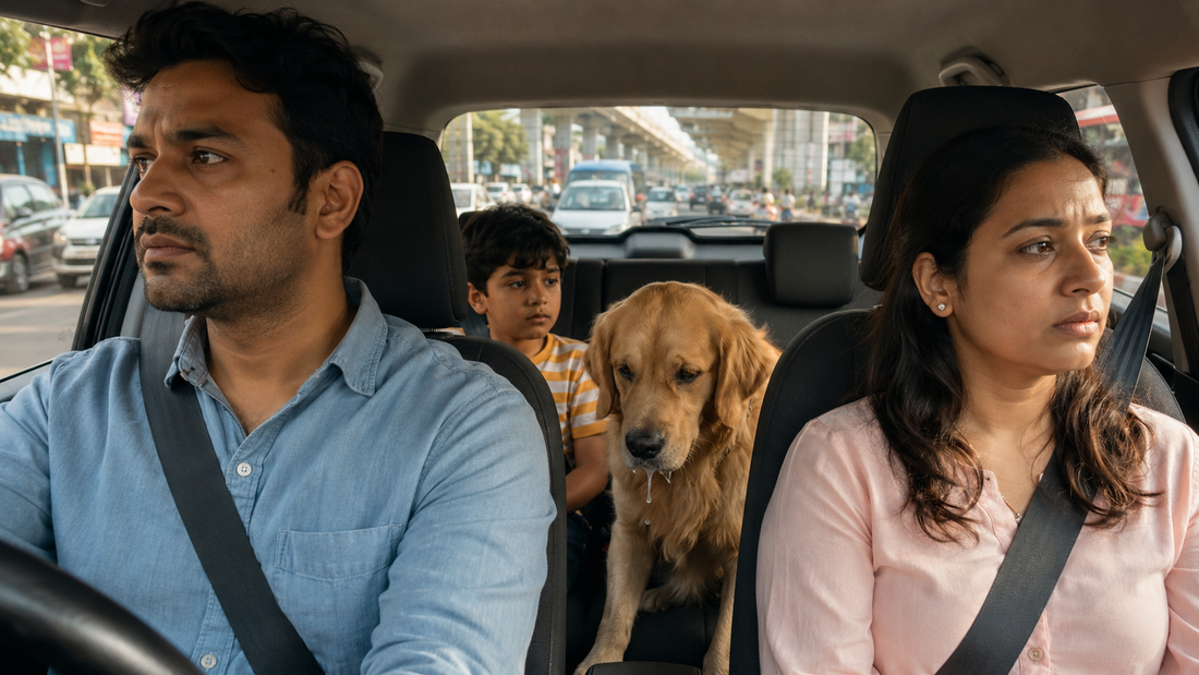 Indian family dog showing signs of motion sickness in the back seat during a city car ride in India