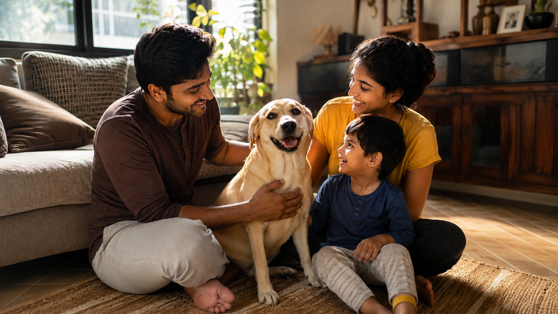 Indian family sitting with their healthy dog at home, gently checking the dog's body and bonding