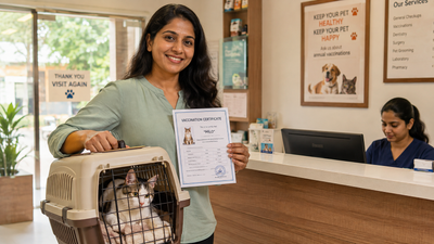 Indian pet parent at a veterinary clinic with a cat carrier and vaccination certificate