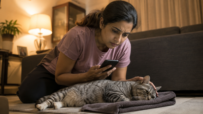 Indian pet parent calmly monitoring and timing a cat's seizure at home