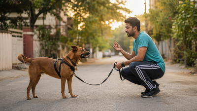 Indian pet parent calmly training a relaxed dog on a leash outdoors using reward-based methods to manage reactivity
