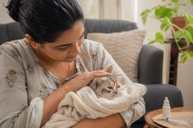 Indian pet parent caring for a cat being treated for a protozoal intestinal infection at home 