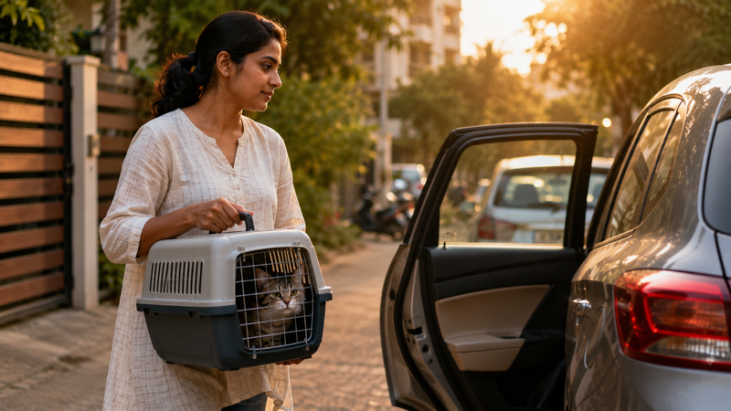 Indian pet parent carrying a cat in a carrier for emergency veterinary care