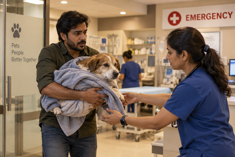 Indian pet parent carrying a dog with breathing difficulty into an emergency vet clinic
