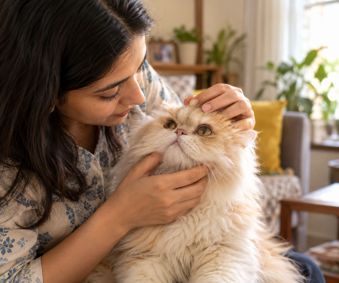 Indian pet parent checking Persian cat's eye for signs of cherry eye third eyelid prolapse