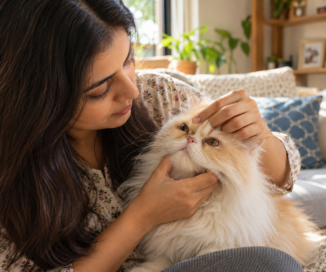  Indian pet parent checking Persian cat's eye for signs of corneal sequestrum dark spot