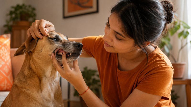 Indian pet parent checking a dog's gum colour for signs of anaemia at home