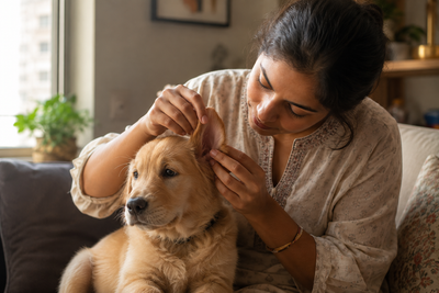  Indian pet parent checking a puppy's ear for signs of ear mites at home