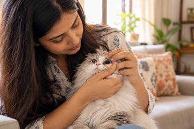 Indian pet parent checking cat's eye for signs of keratitis and corneal inflammation