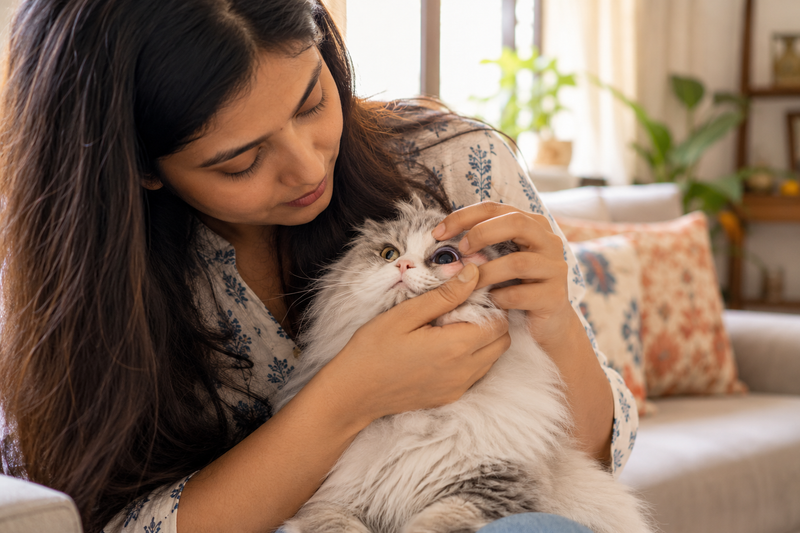 Indian pet parent checking cat's eye for signs of keratitis and corneal inflammation