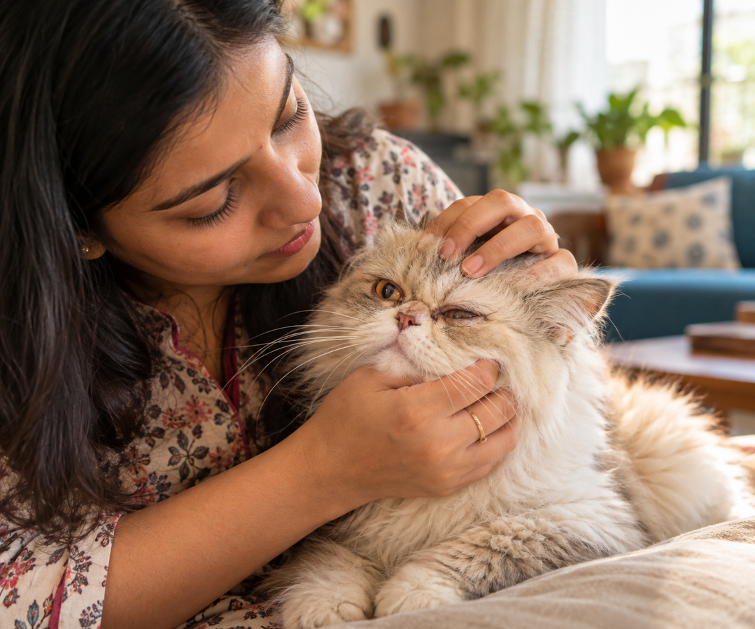 Indian pet parent checking cat's squinting eye for signs of a corneal ulcer