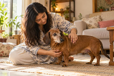 Indian pet parent checking dog for signs of a pituitary gland hormone disorder