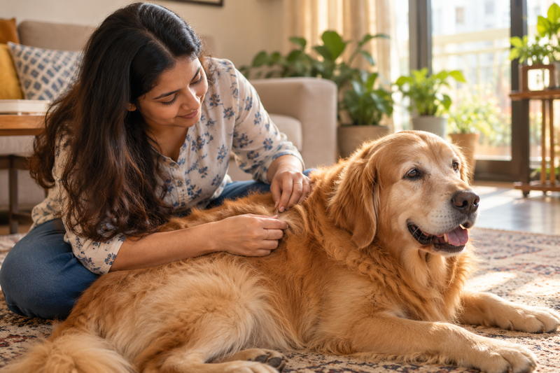 Indian pet parent checking dog's coat for signs of thyroid hormone imbalance