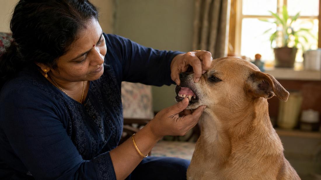  Indian pet parent checking her dog's pale gums at home for signs of anemia.