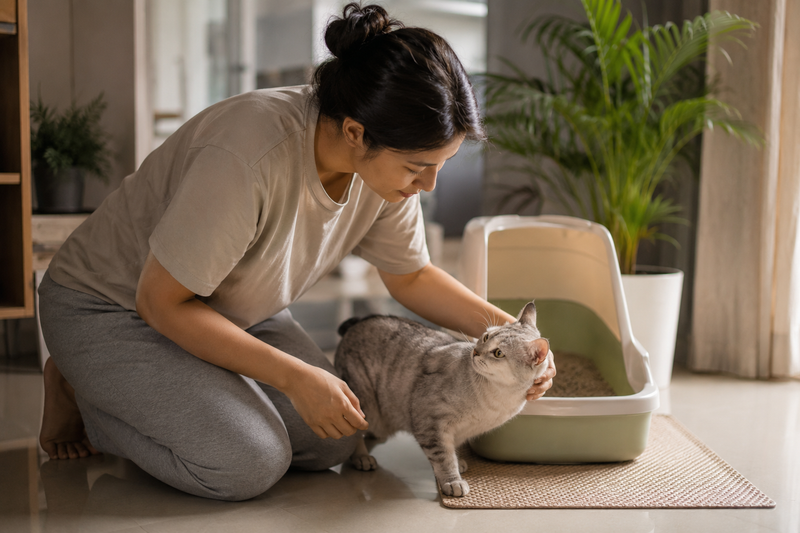 Indian pet parent checking on a cat's litter box habits at home 