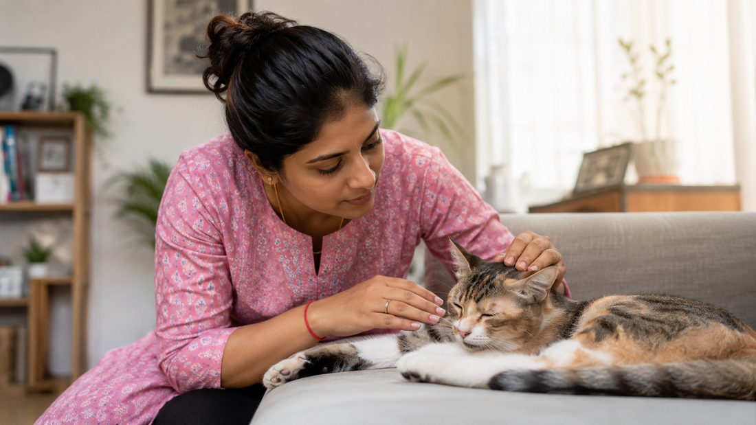 Indian pet parent checking on a cat showing signs of illness at home