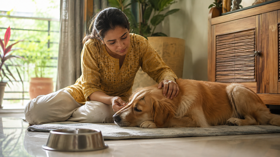 Indian pet parent checking on a dog with digestive upset at home