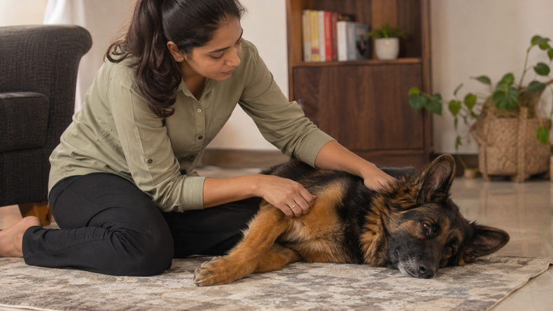 Indian pet parent checking on a large breed dog at home for stomach discomfort