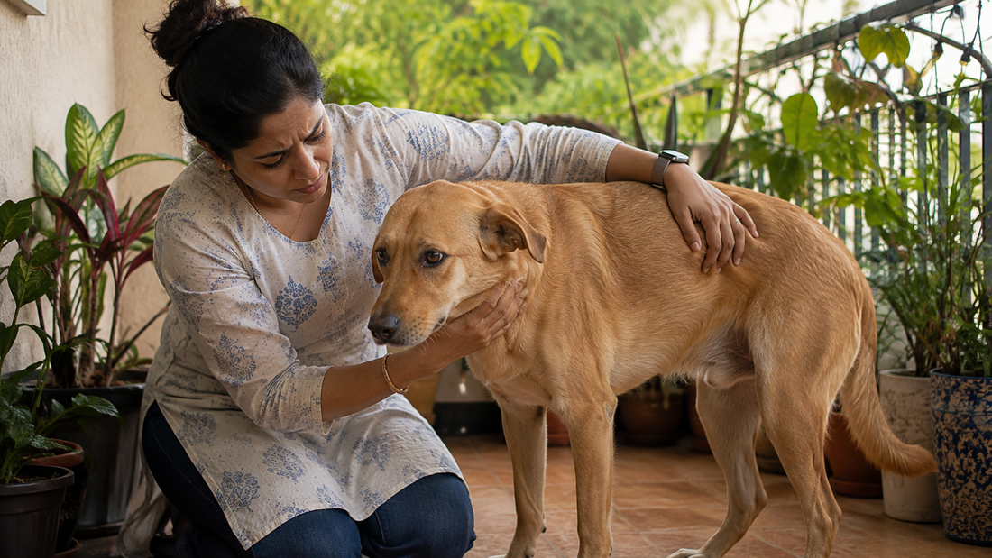 Indian pet parent checking on dog showing signs of constipation in a home garden