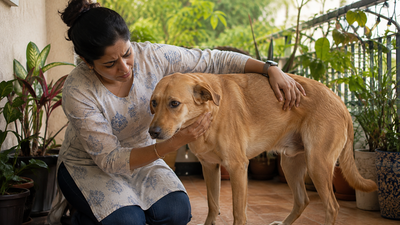 Indian pet parent checking on dog showing signs of constipation in a home garden