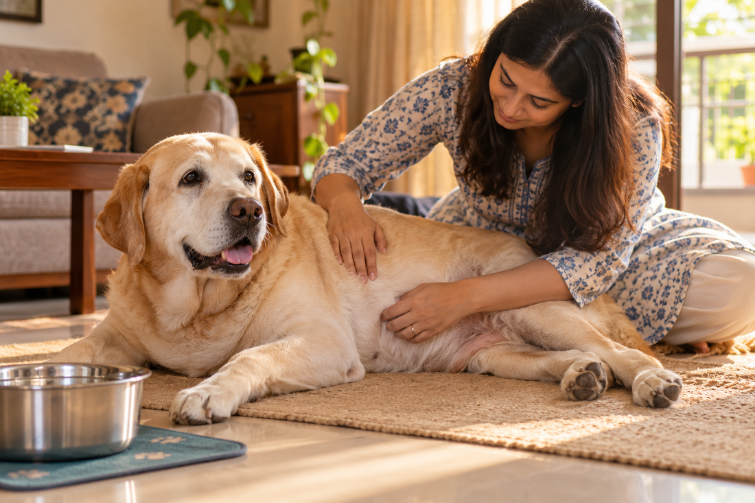 Indian pet parent checking senior Labrador for signs of adrenal gland disorder like hair loss and pot belly