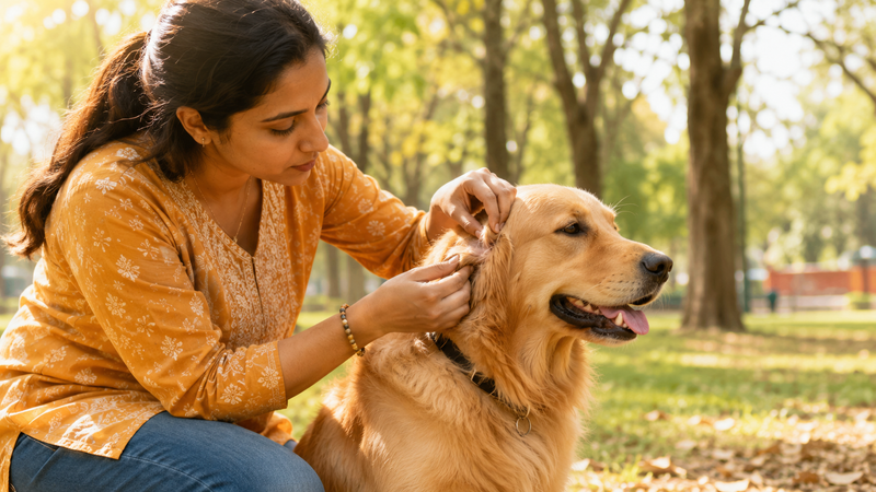 Indian pet parent checking their dog for ticks outdoors, illustrating early detection of tick paralysis risk.