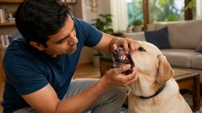 Indian pet parent checking their dog's gums for signs of jaundice from liver disease