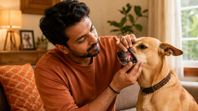 Indian pet parent checking their dog's gums for signs of low platelets at home 
