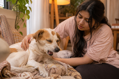 Indian pet parent comforting a dog with a persistent cough from bronchitis