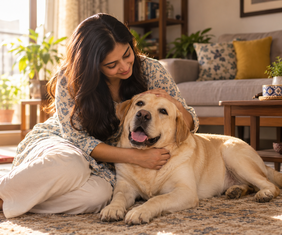 Indian pet parent comforting adult dog showing signs of a calcium or parathyroid imbalance