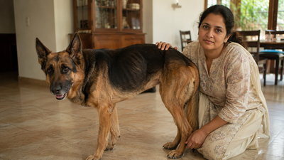 Indian pet parent concerned about muscle wasting in her dog — visible loss of hindlimb muscle mass.