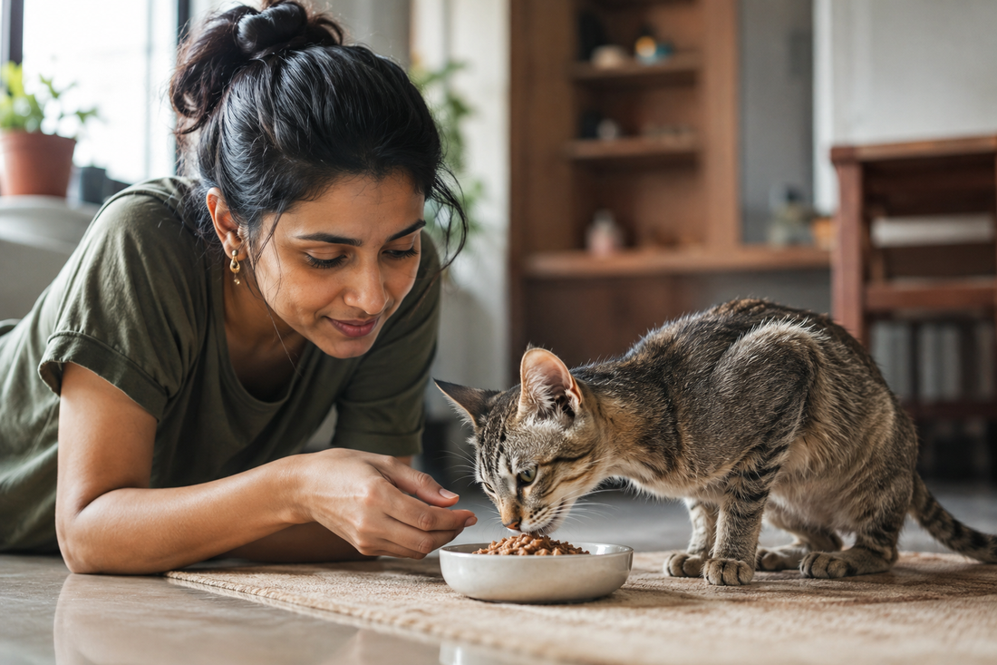  Indian pet parent encouraging a cat recovering from liver disease to eat at home 
