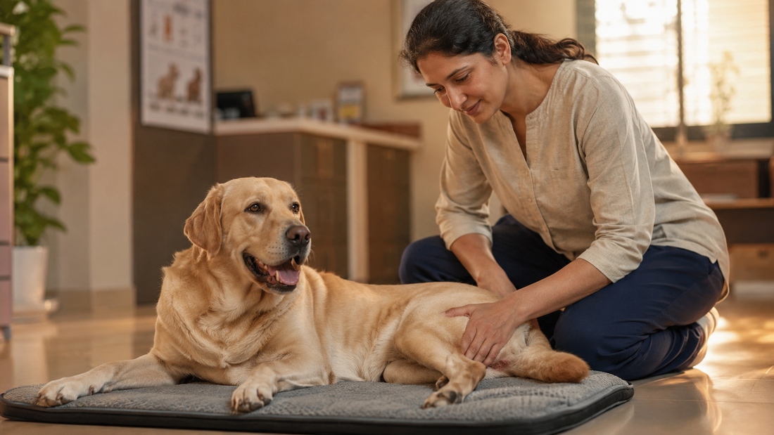Indian pet parent examining a dog's hip joint at home, worried about joint disorder symptoms.
