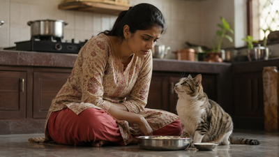 Indian pet parent feeding homemade chicken, rice and milk to her cat in a home kitchen