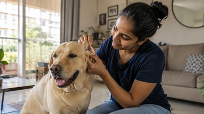Indian pet parent gently checking their dog's floppy ear at home for signs of chronic ear infection 