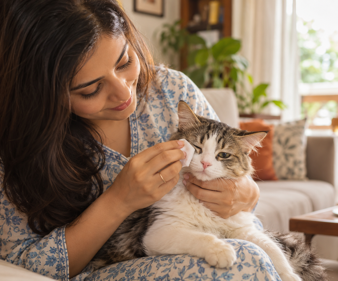 Indian pet parent gently cleaning cat's eye discharge during a feline herpesvirus flare-up