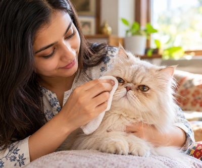 Indian pet parent gently cleaning tear stains from a Persian cat's face