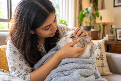Indian pet parent gently examining cat's eye after a suspected eye injury before a vet visit