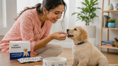 Indian pet parent giving a puppy a deworming tablet hidden in a treat