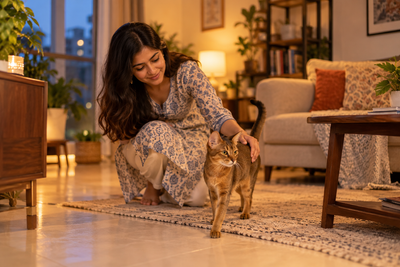 Indian pet parent guiding Abyssinian cat through a familiar home as it adapts to vision loss from PRA