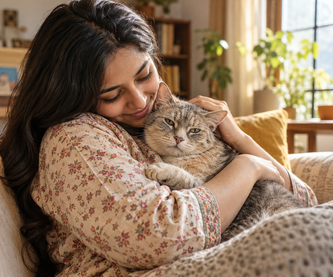 Indian pet parent holding senior cat during a routine health check for heart disease