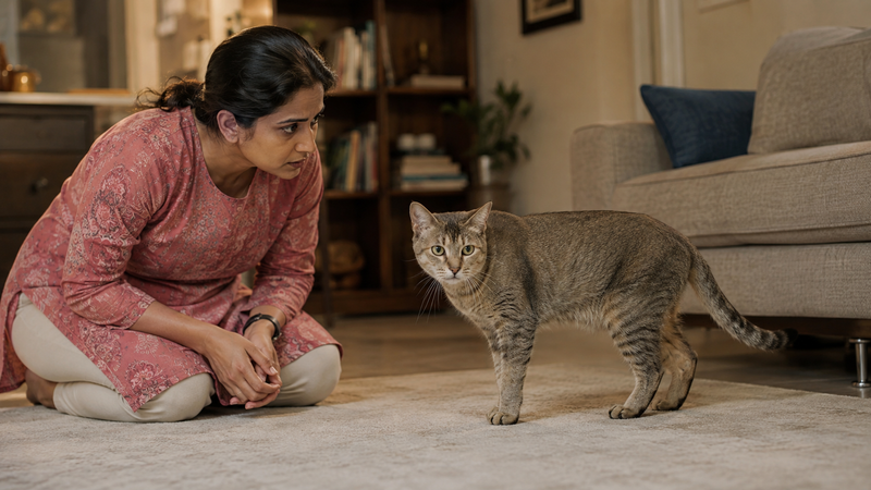 Indian pet parent observing a cat showing signs of muscle tremors at home