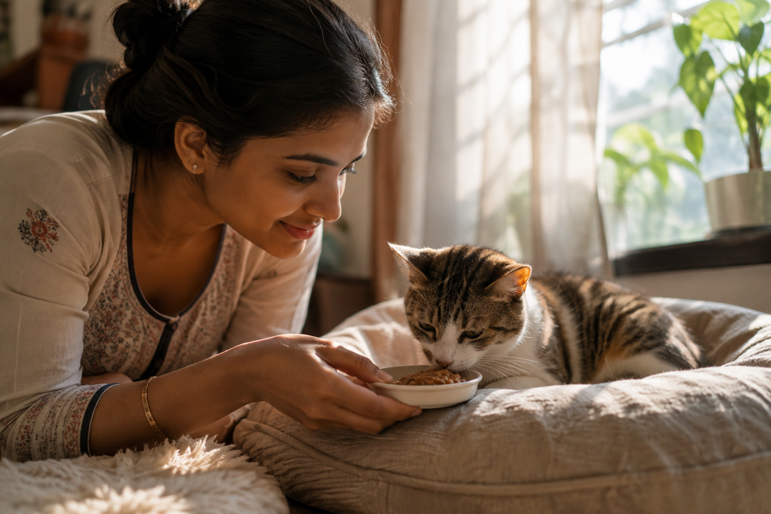 Indian pet parent offering soft food to a cat recovering from dental treatment for stomatitis 