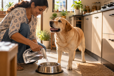  Indian pet parent refilling water bowl for senior dog showing signs of diabetes like increased thirst