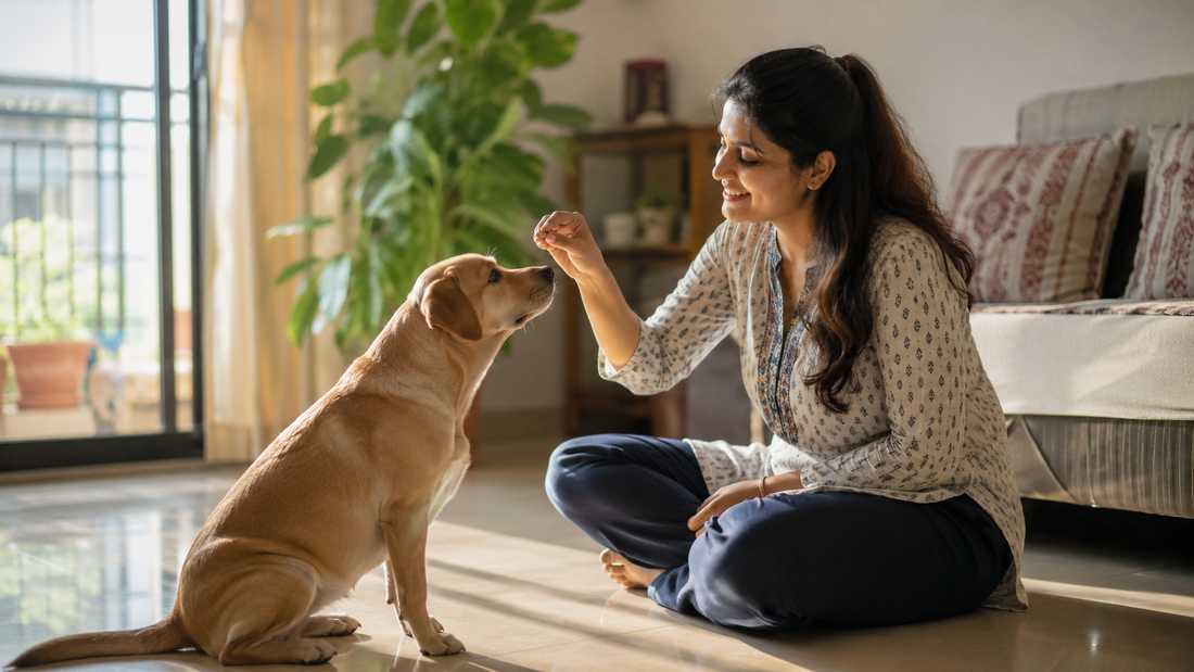 Indian pet parent rewarding her dog with a treat during positive reinforcement training at home